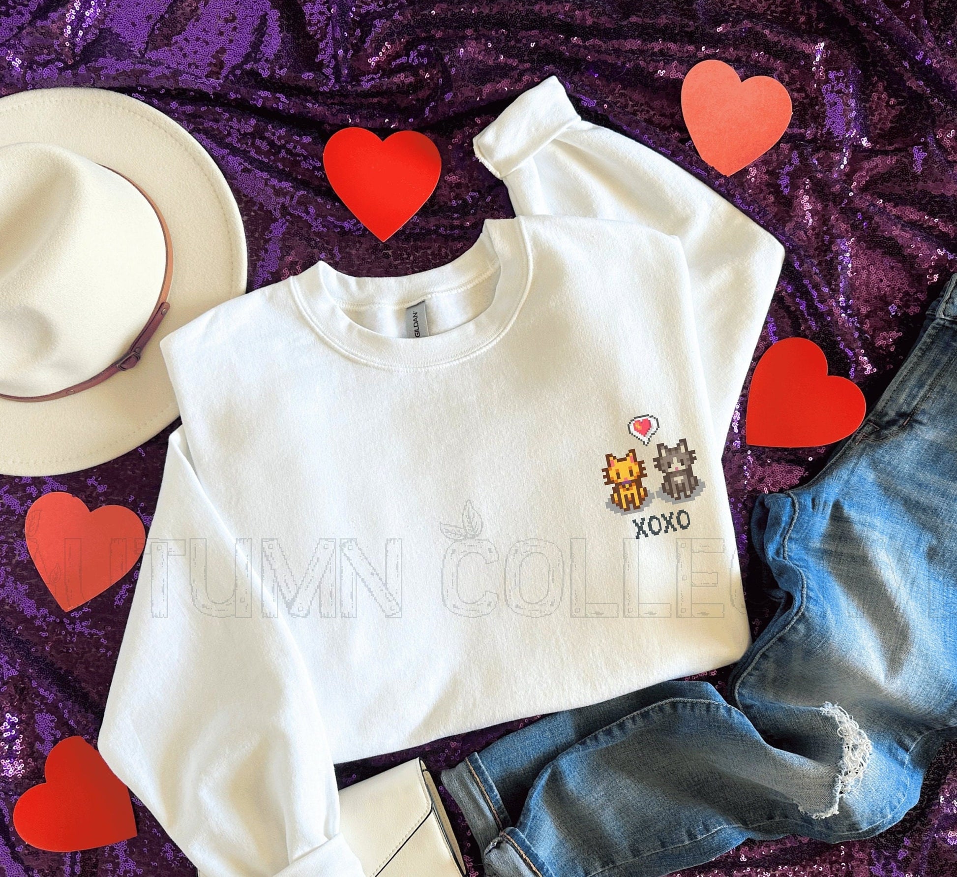 Valentines Cat Stardew Valley Sweatshirt, Gift for Him and Her, Guide, Cozy Gamer, Animal, Crossing, Harvest, Moon, Valentines Day, Guide