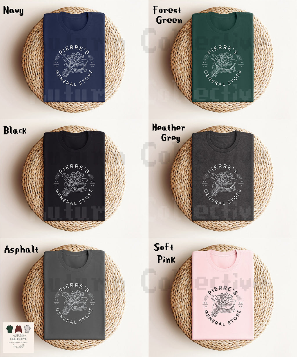 Pierres General Store Tee Shirt, available in a variety of hand picked colors