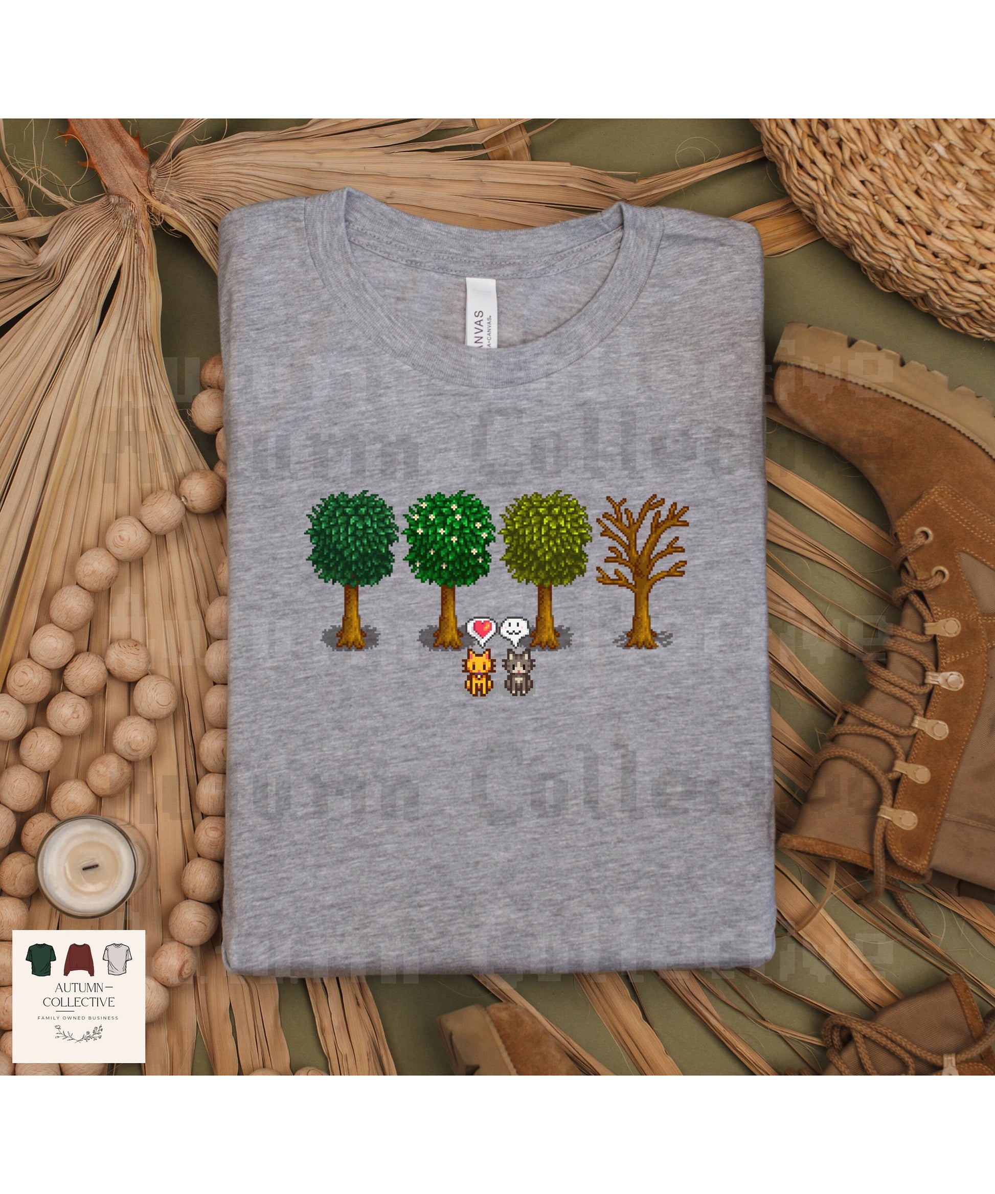 Cat Stardew Valley Fall Shirt, Tree Shirt, Gift for Him and Her, Video Game Art, Pixel Art, 8Bit Tshirt, Unisex Cozy Gamer Shirt, Gamer Tee