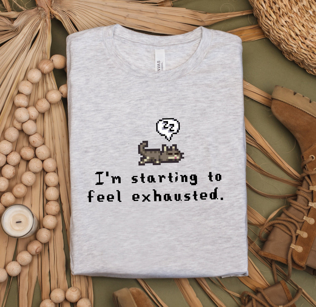 I'm Starting To Feel Exhausted Shirt, Stardew Valley, Funny Cat, Cat Lover, Sleepy Cat, Pixel Art, Gamer Gift, Summer Unisex Tee, Cozy Gamer