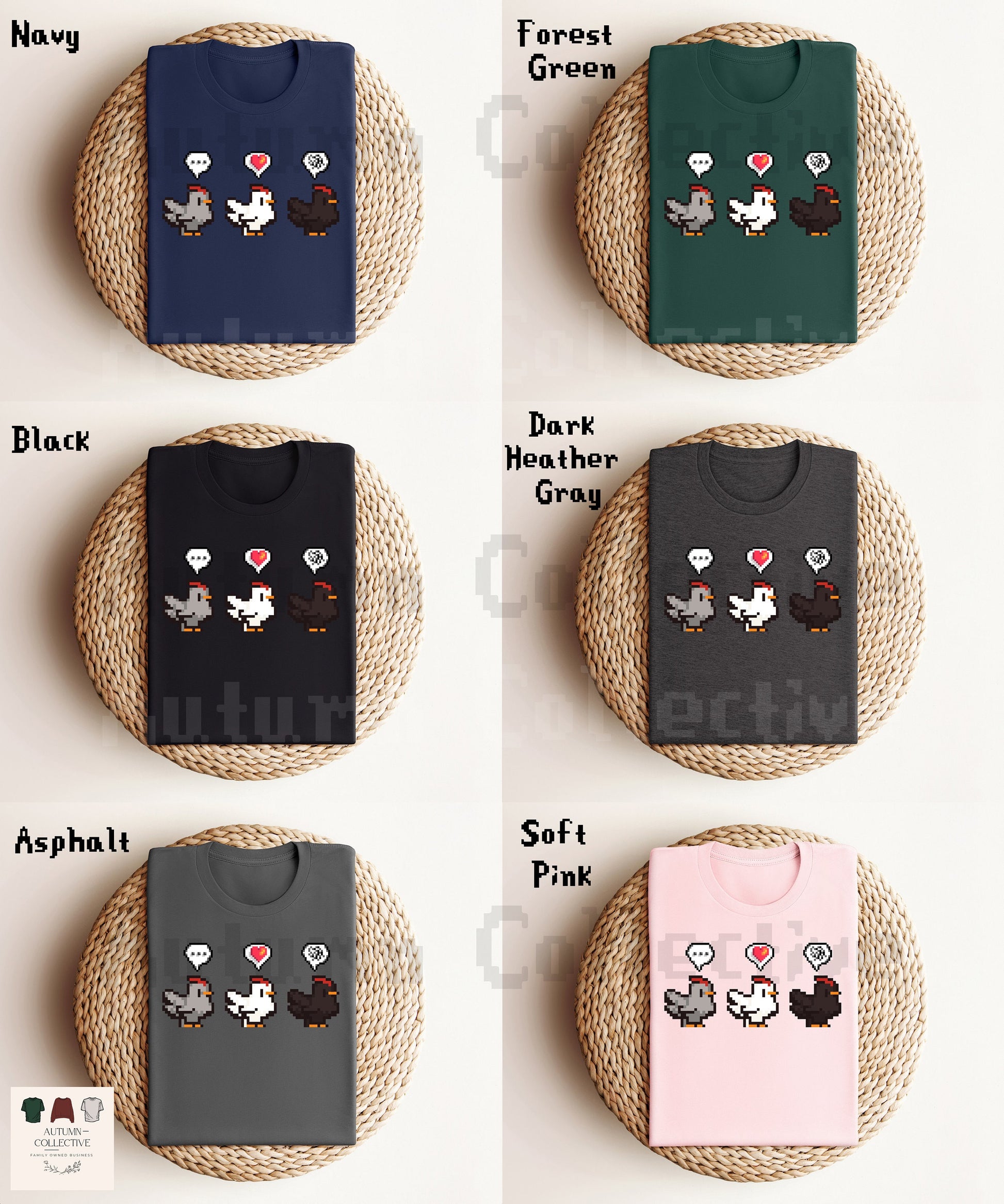Three chicken emote tshirt, chicken colors grey, white, and black