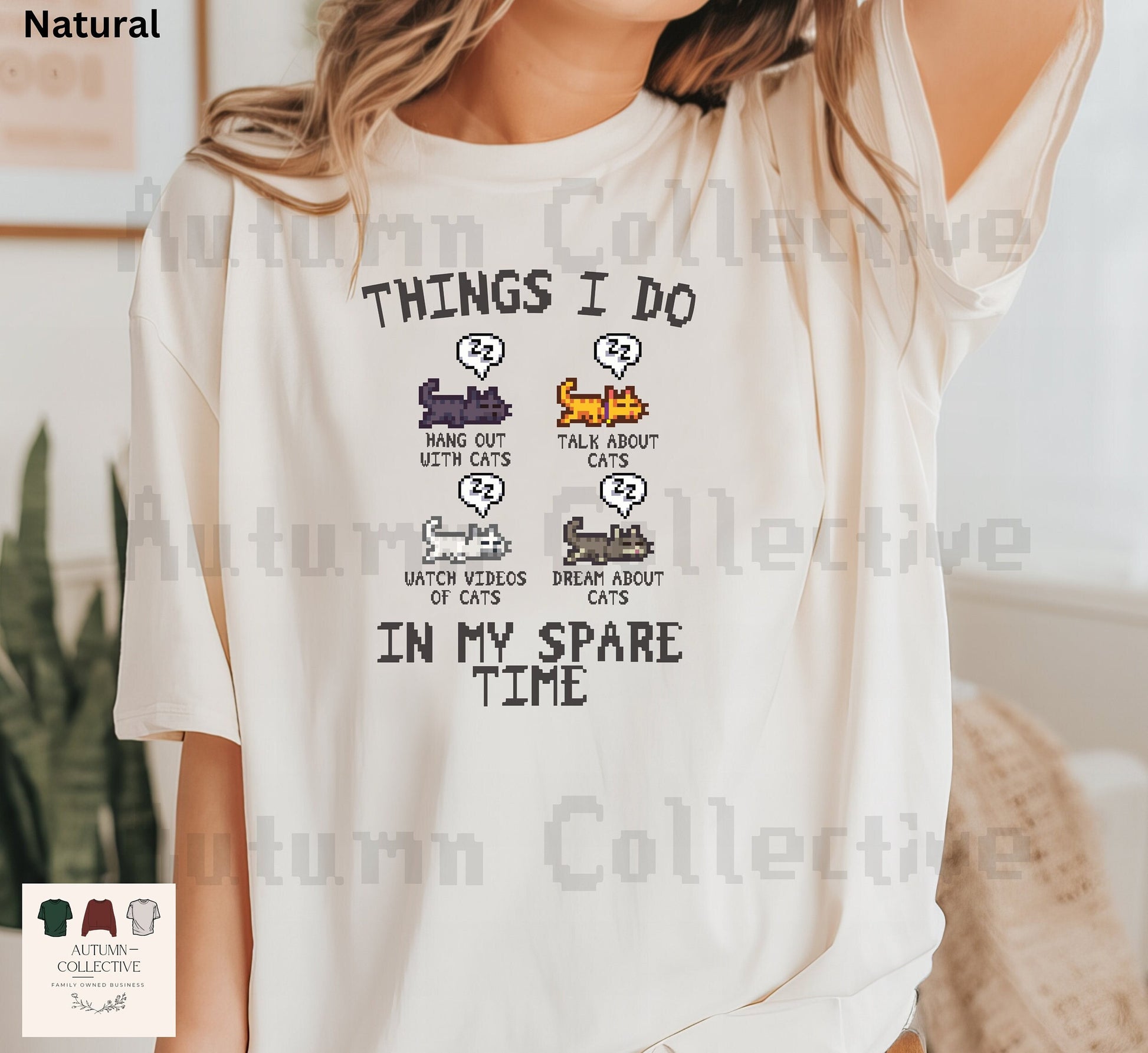 Original Things I do in my spare time Stardew Valley Shirt. Four sleeping cats in the colors black, orange/yellow, white, and grey - captions underneath each cat; Hang out with cats, talk about cats, watch videos about cats, and dream about cats.