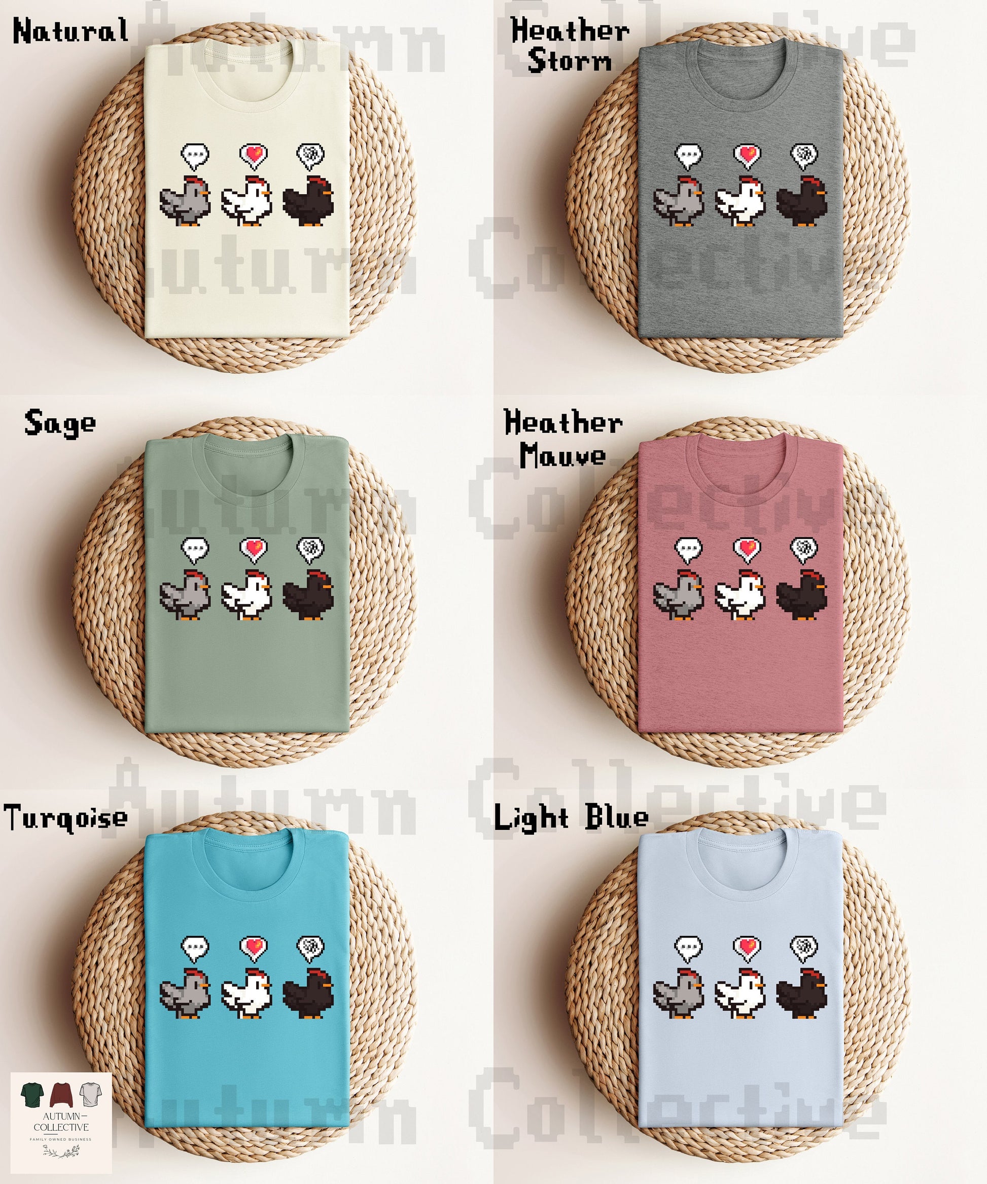 Three chicken emote tshirt, chicken colors grey, white, and black