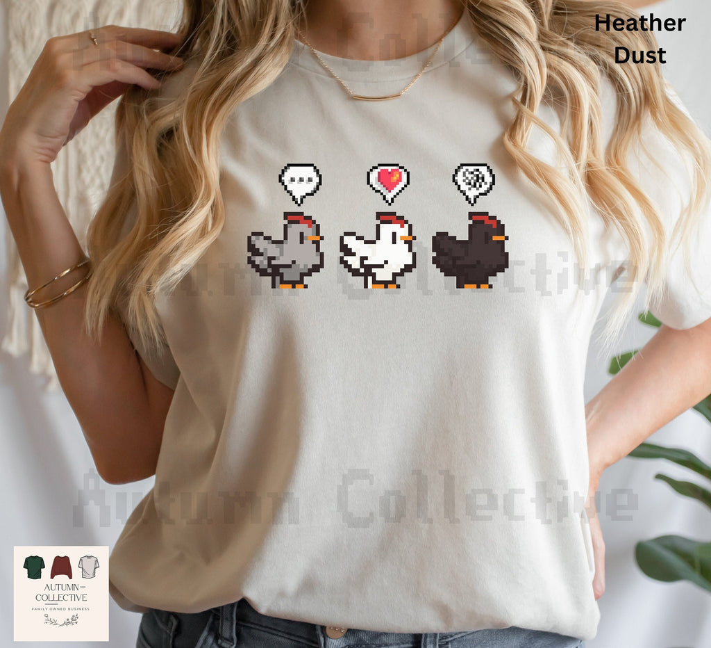 Three chicken emote tshirt, chicken colors grey, white, and black