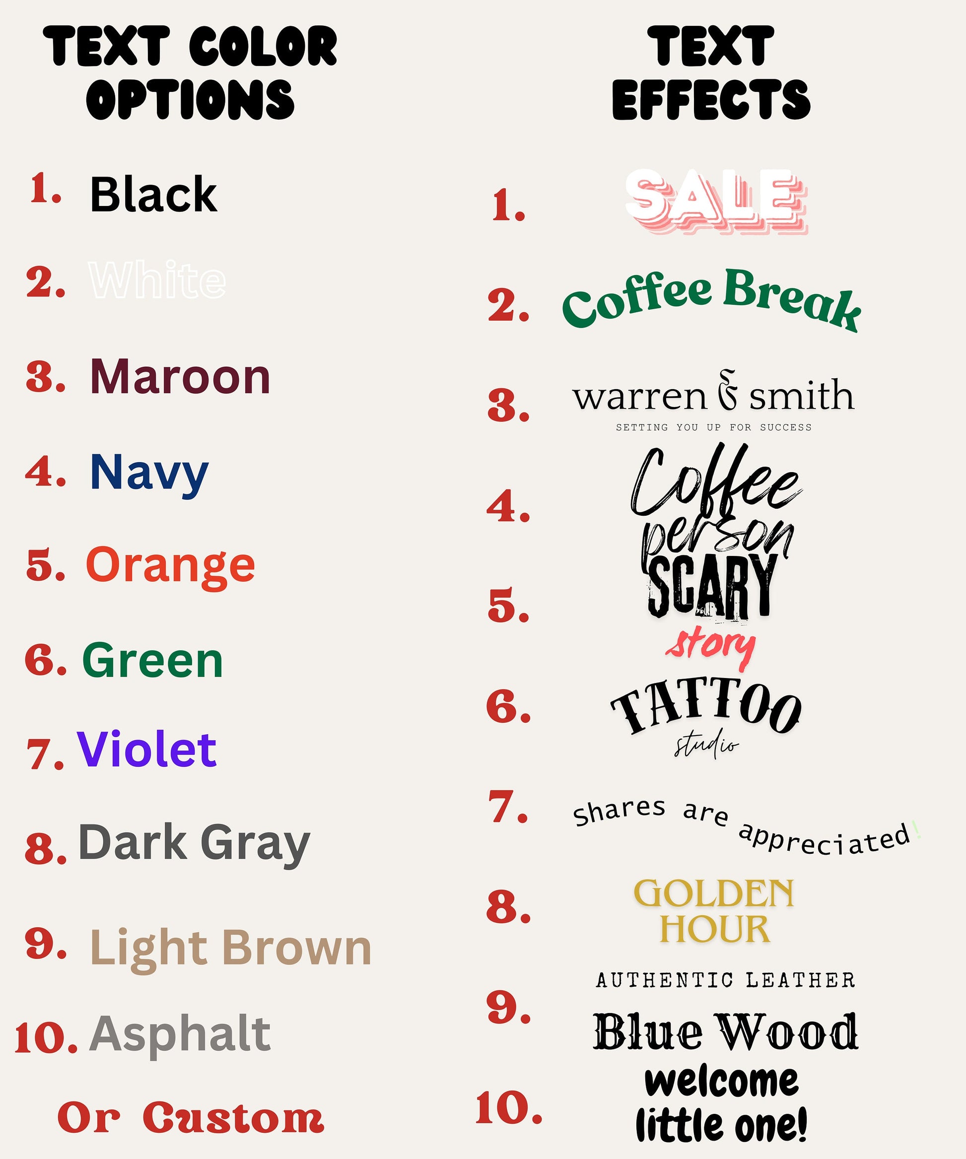 Text Color Options and Text Effects Custom Text or Image