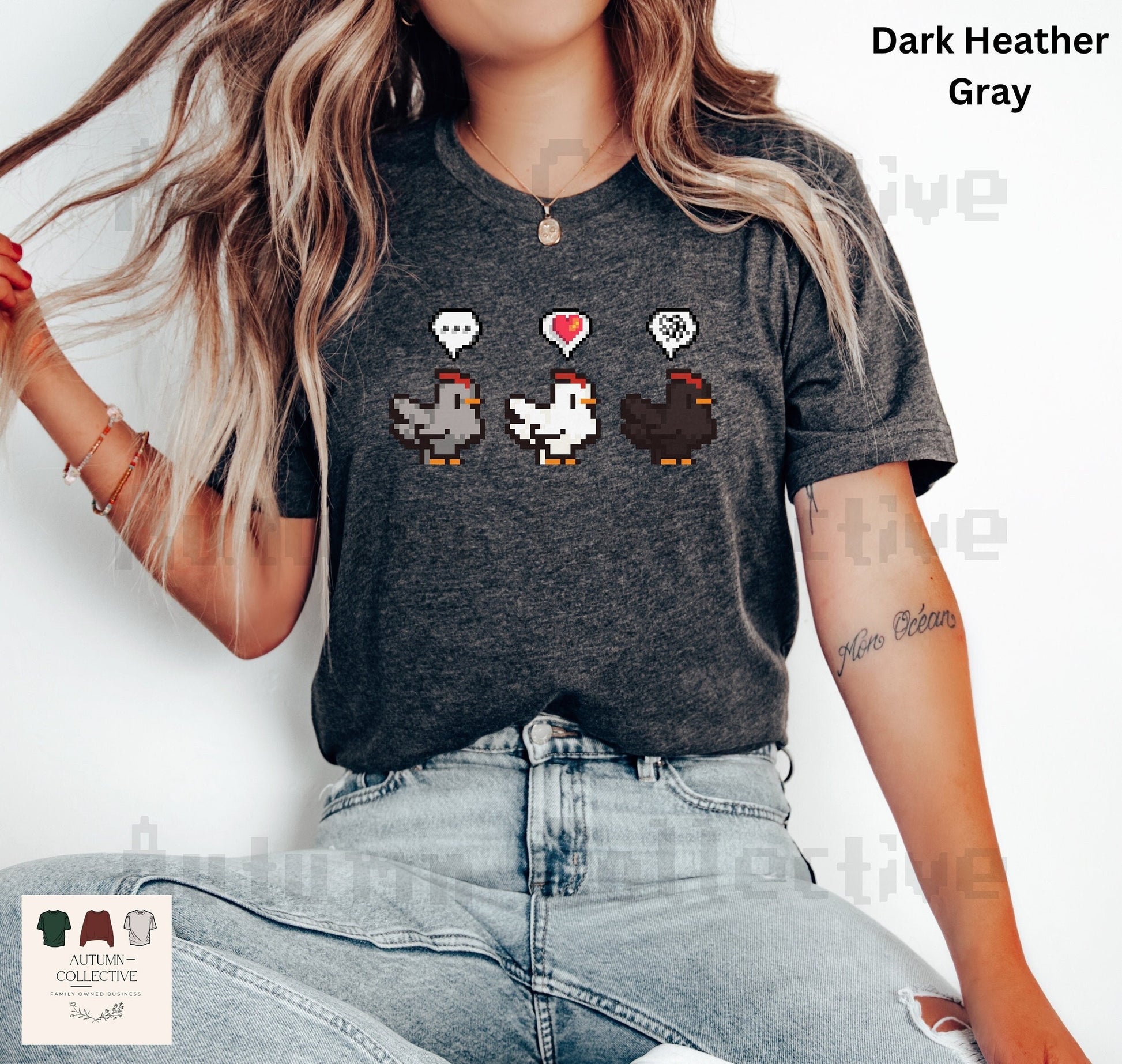 Three chicken emote tshirt, chicken colors grey, white, and black