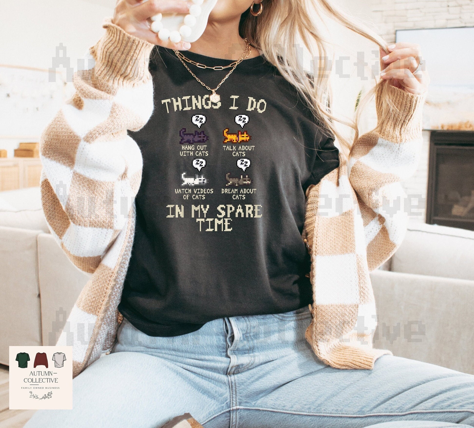 Original Things I do in my spare time Stardew Valley Shirt. Four sleeping cats in the colors black, orange/yellow, white, and grey - captions underneath each cat; Hang out with cats, talk about cats, watch videos about cats, and dream about cats.