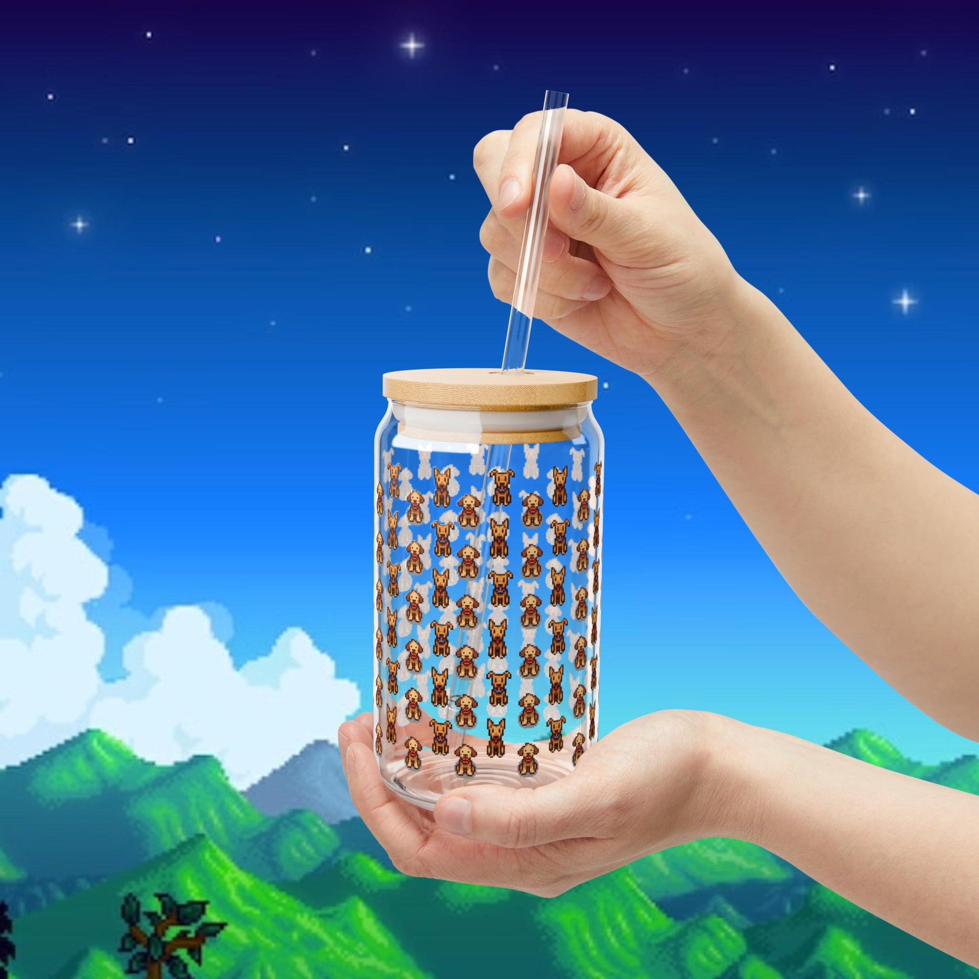 Stardew Valley Dogs Sipper Glass, Videogame Gifts, Gamer Decor, Farming Game Merch, 16oz Cup, Cozy Gaming Merch, Pelican Town, Christmas