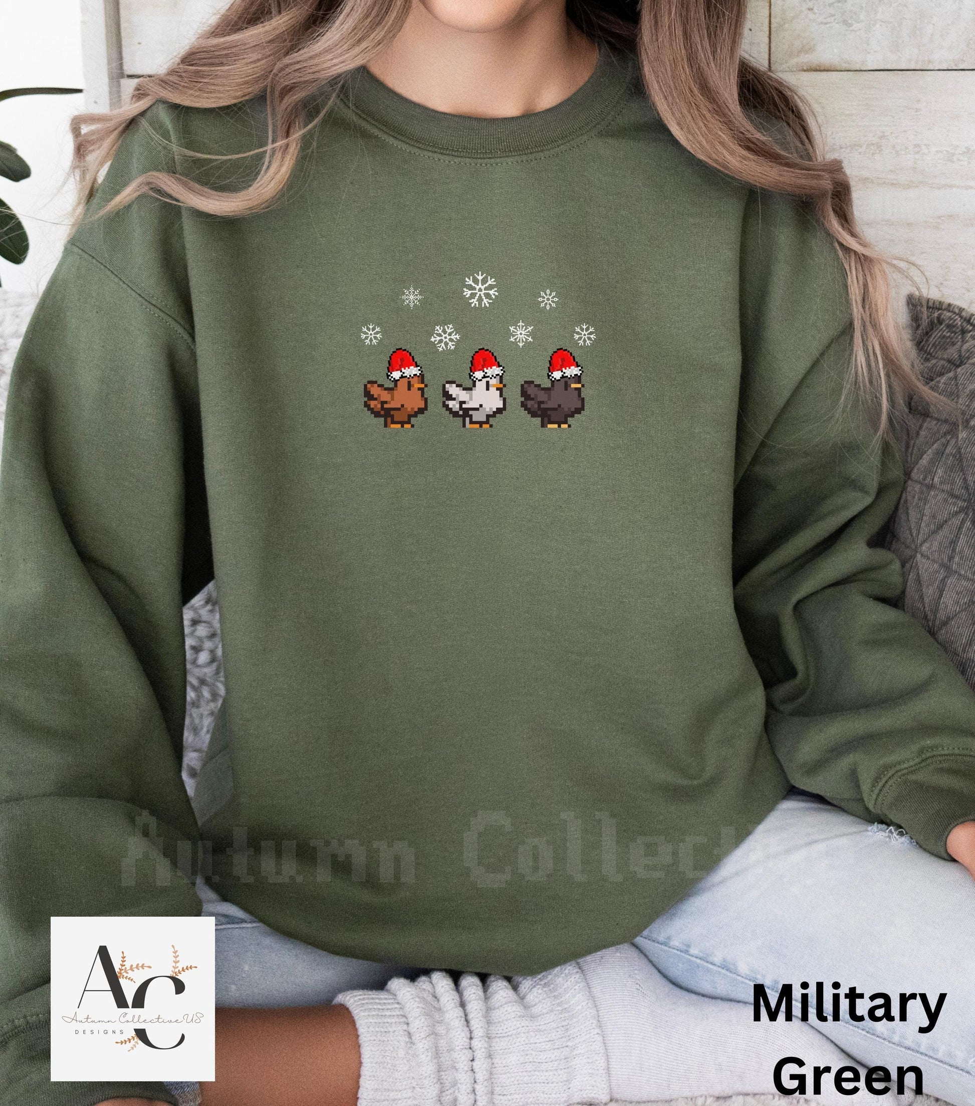 Festive Christmas Stardew Valley Unisex Crewneck Sweatshirt in color military green
