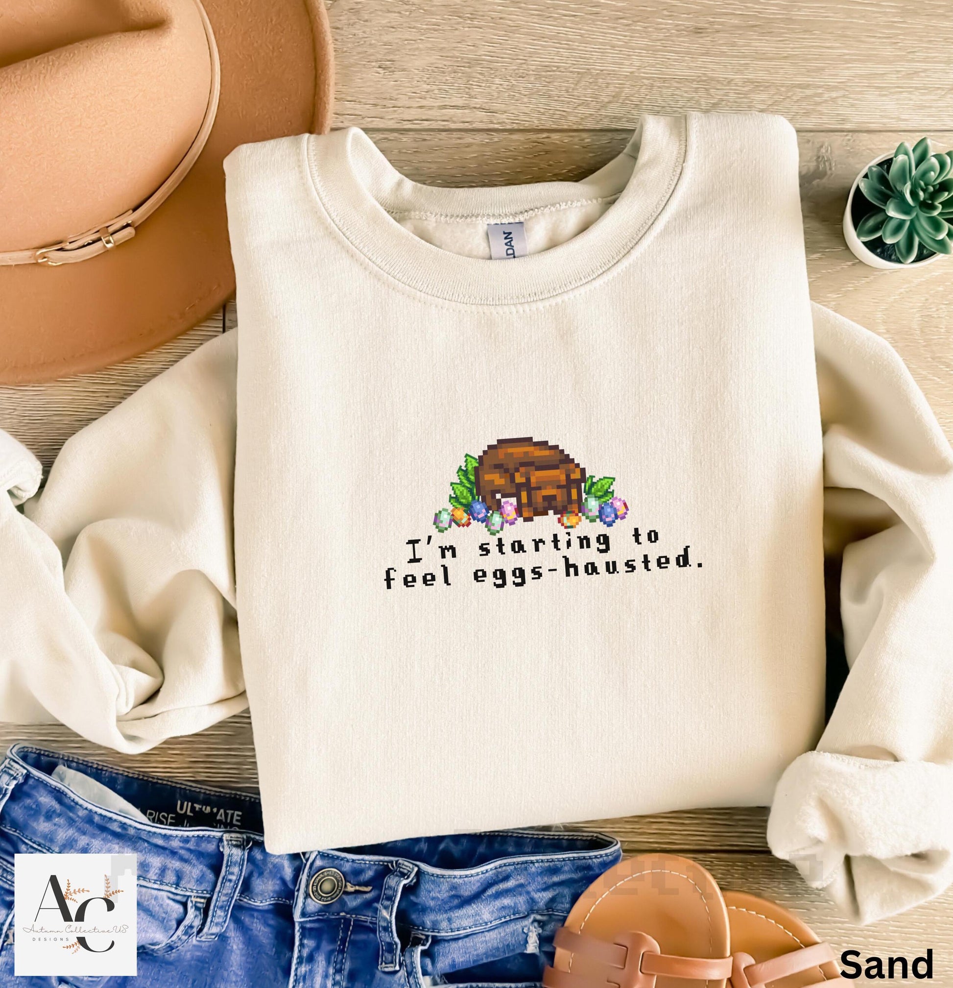 I&#39;m starting to feel eggs-hausted sweatshirt, DTG Printing and Unisex sweater, Easter Sweater for him or her, Cute dog design with Easter Eggs, Gamer Merch, Stardew Valley Tee