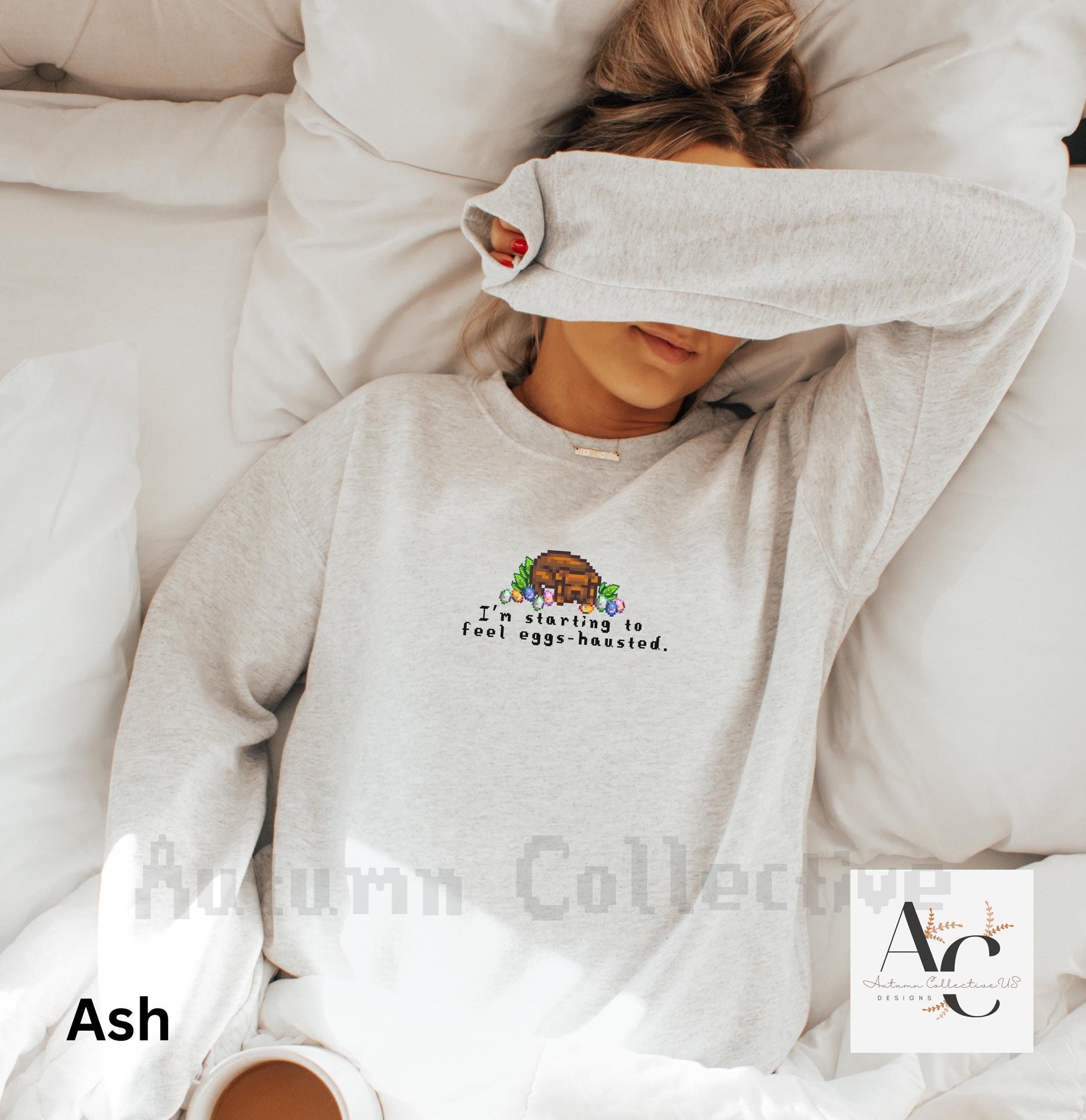 I&#39;m starting to feel eggs-hausted sweatshirt, DTG Printing and Unisex sweater, Easter Sweater for him or her, Cute dog design with Easter Eggs, Gamer Merch, Stardew Valley Tee