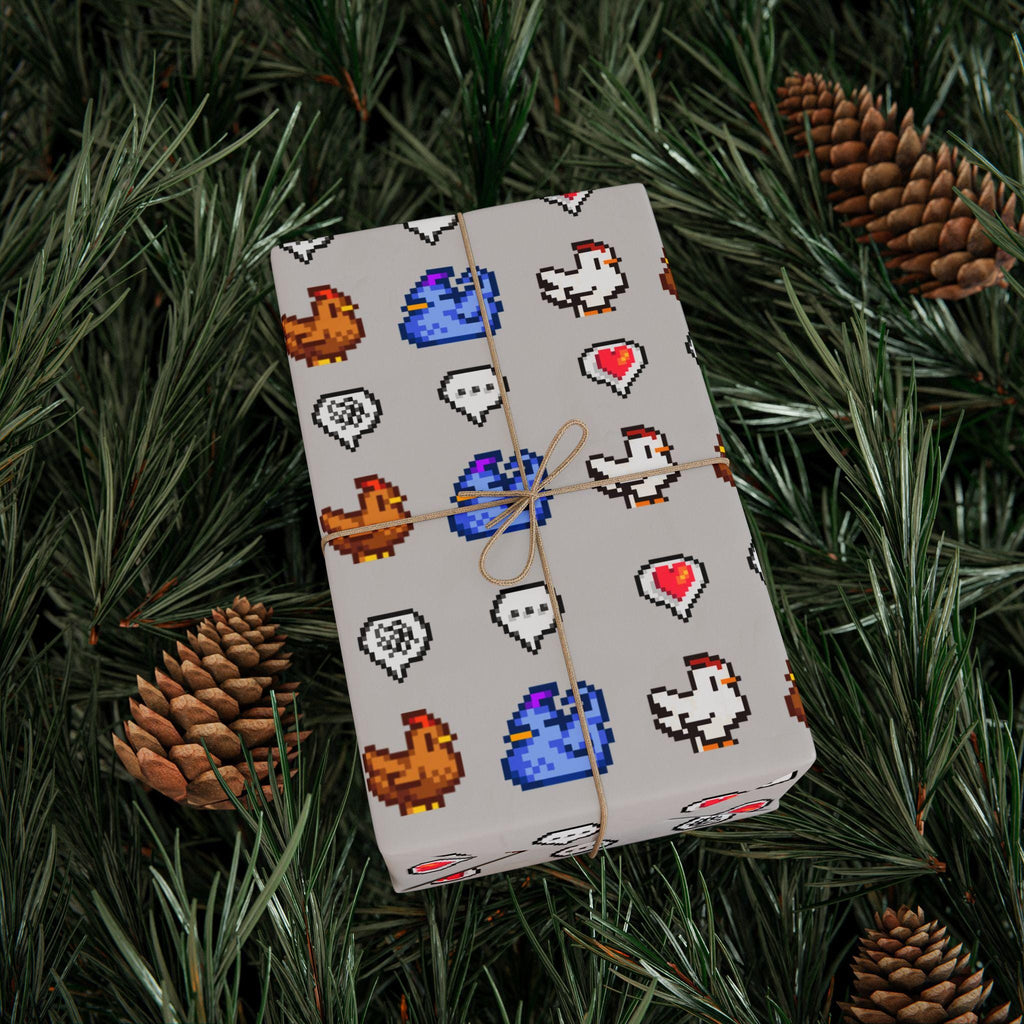 Stardew Valley Wrapping Paper | Cozy Gamer Chicken Gift Wrap for Birthdays or Christmas | Gift for Him or Her | Pixel Art Chickens