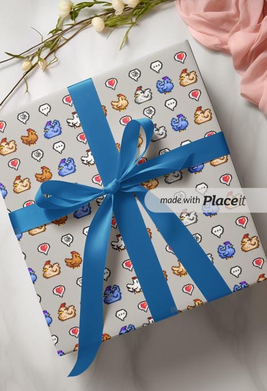Stardew Valley Wrapping Paper | Cozy Gamer Chicken Gift Wrap for Birthdays or Christmas | Gift for Him or Her | Pixel Art Chickens