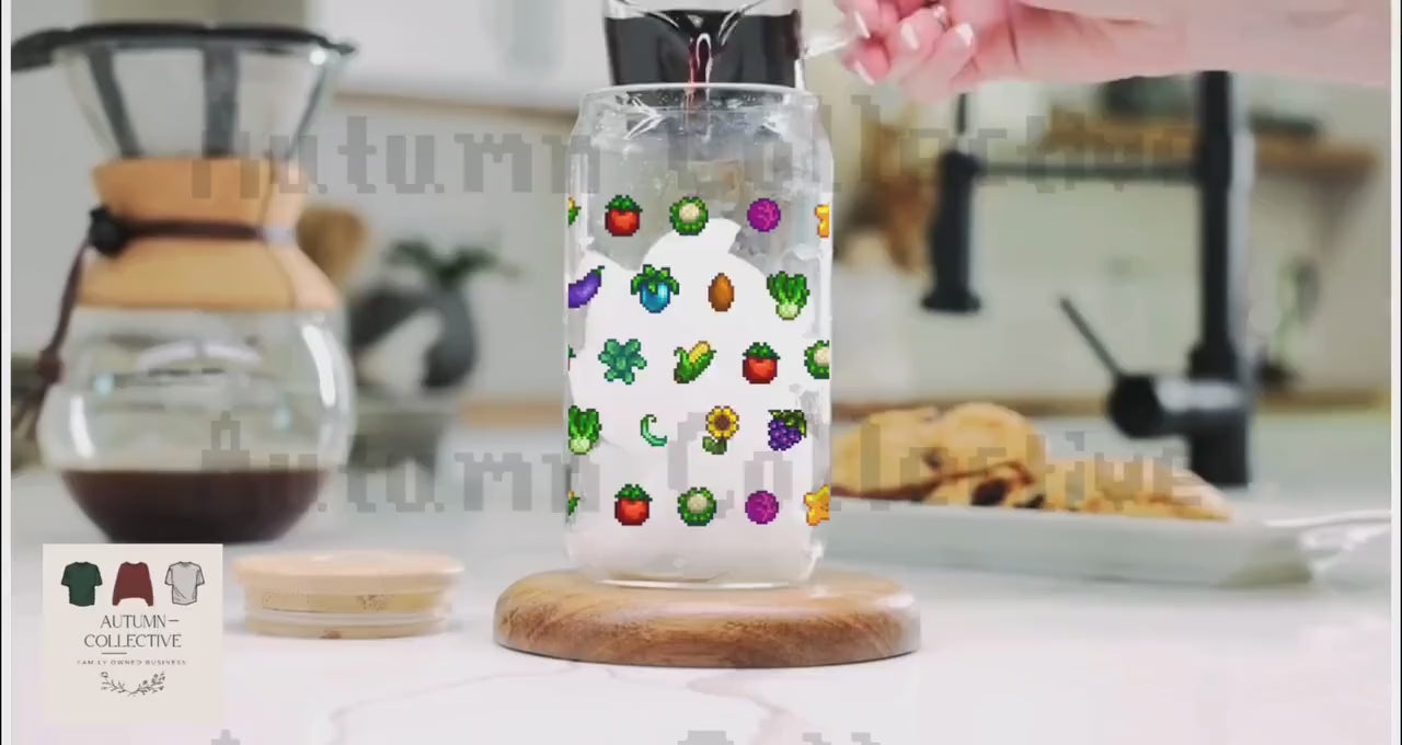 Stardew Valley Crops Sipper Glass, Gift for Him or Her, Pixel Art, Cozy Gamer Cup, Videogame Art, Kawaii, Harvest Crops, Crossing, Animal